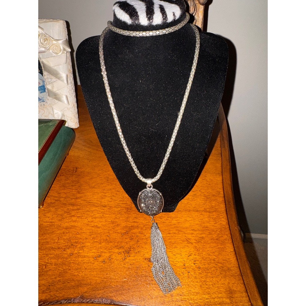 Silver Tone Oval Pave Crystal Tassel‎ Pendant Necklace Snake Chain